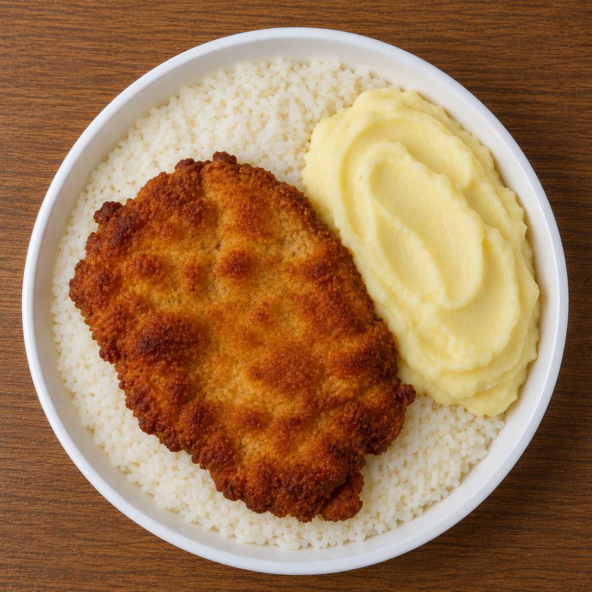 Bife à milanesa com arroz, feijão e purê de batata (Aprox. 450g).