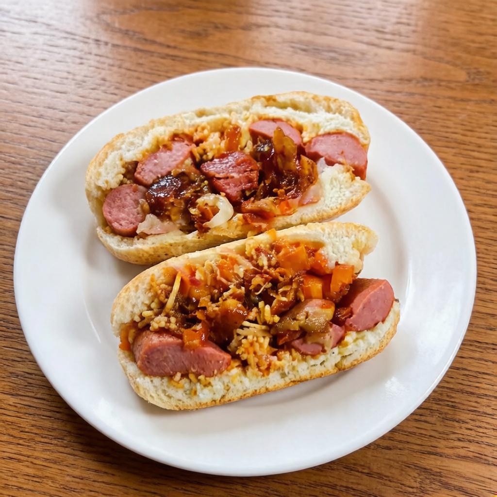 Pão de hamburguer, 2 salsichas, vinagrete, batata palha, maionese, catchup, mostarda e bacon.