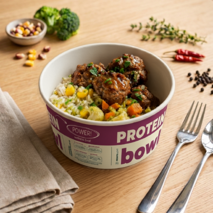 **nossos produtos são congelados. Clássicas Almôndegas caseiras, suculentas e bem temperadas. Acompanhadas de arroz soltinho com legumes e um mix colorido levemente temperado. Equilibrado, aconchegante e no flow certo pra qualquer momento. 43g de proteína Linha Protein Para quem tem fome grande. É power de verdade! Receitas com 35 a 45g de proteína