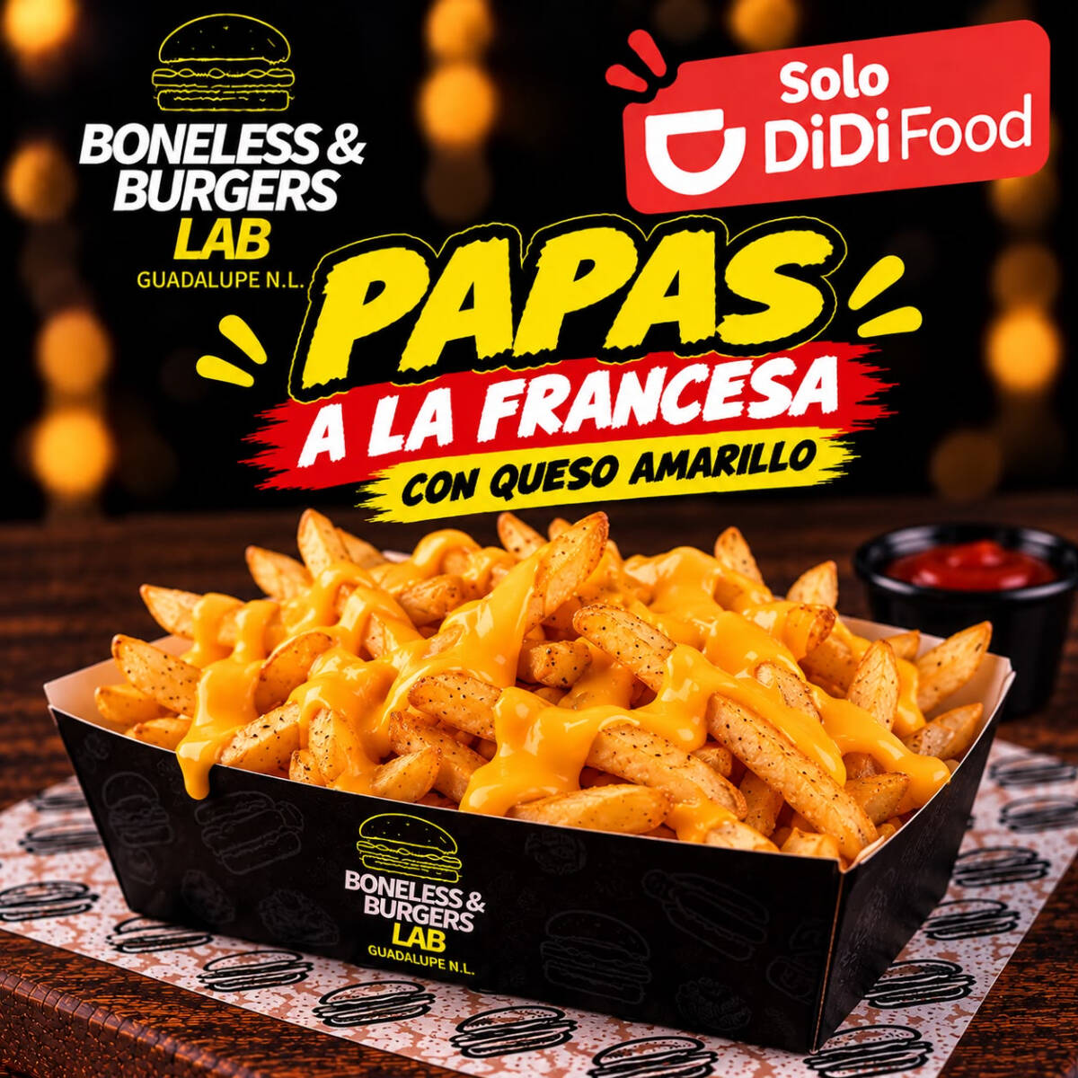 Papas a la francesa con queso amarillo