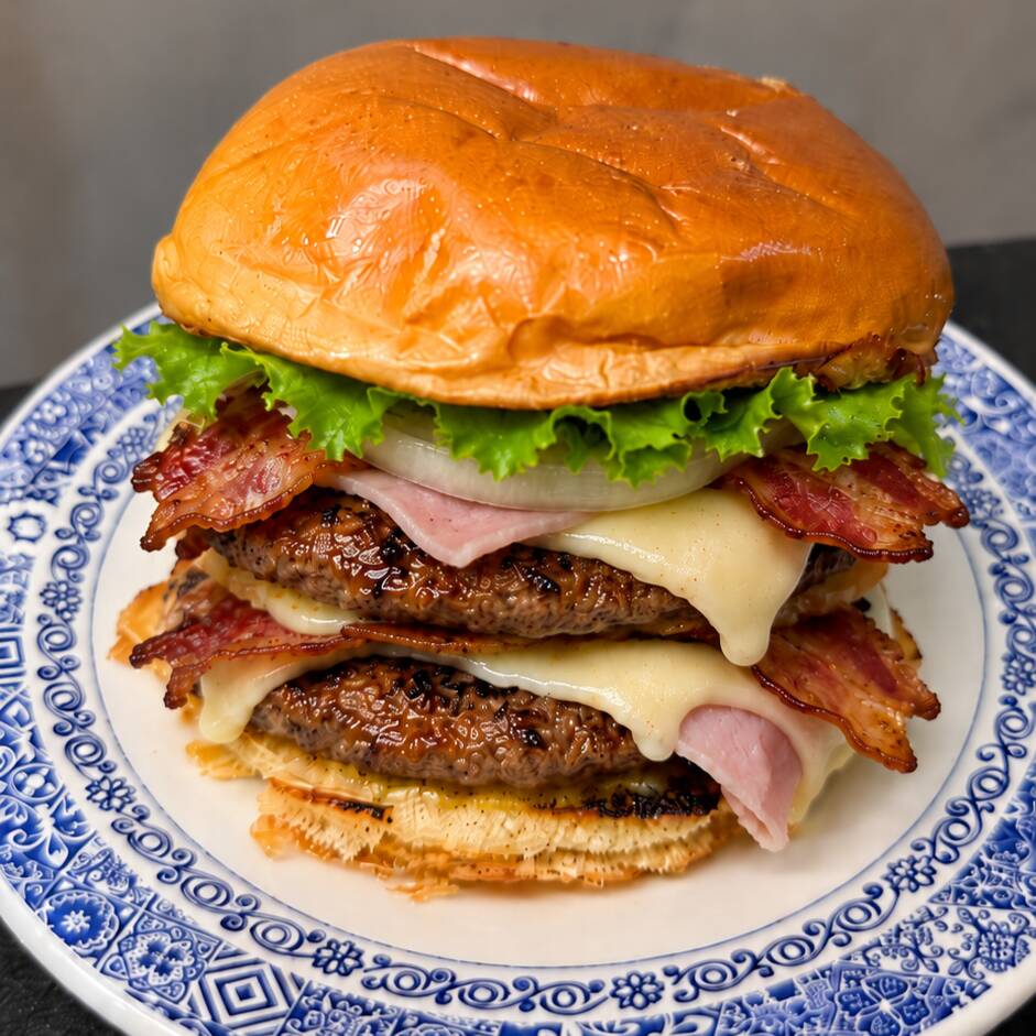 PAO GOURMET
HAMBÚRGUER DE CARNE - 2X
MUSSARELA - 2X
PRESUNTO - 2X
BACON - 2X
CHEDDAR
ALFACE