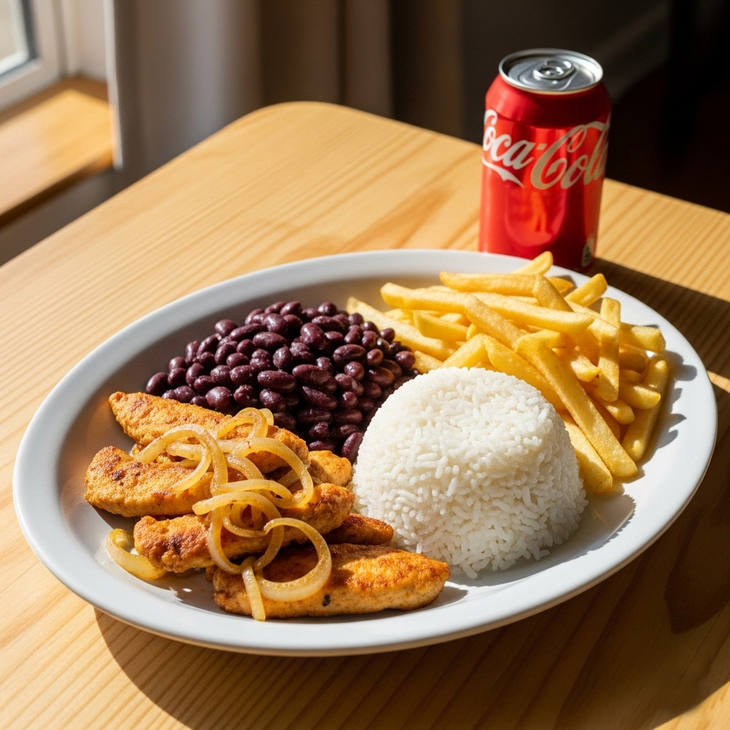 Saborosas iscas de frango salteadas na chapa com cebola, servidas com batatas fritas crocantes, arroz branco soltinho e o nosso feijão com tempero de casa. Escolha uma bebida de sua preferência.