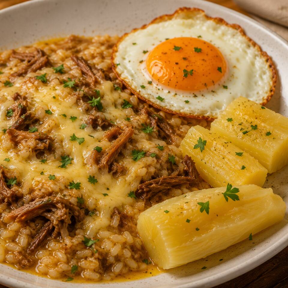 Sabororso arros caldoso com costela desfiada, muitooo queijo, mandioca cozida e um ovo frito que não pode faltar.