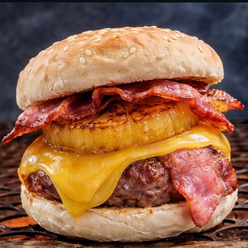 Pão macio, carne 130g na brasa, queijo derretido, bacon crocante e abacaxi com mel