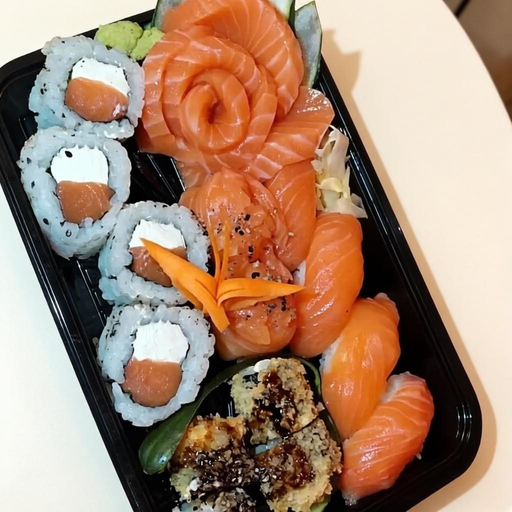 6 sashimi salmão, 4 niguiri salmão, 2 joe salmão, 4 uramaki filadélfia, 4 uramaki hot filadélfia