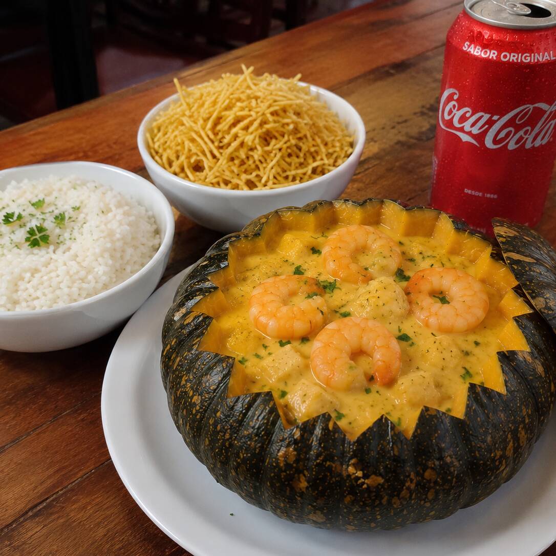 A escolha perfeita para o almoço: deliciosa moranga individual recheada com camarões selecionados e molho cremoso especial, acompanhada de Coca-Cola lata bem gelada para deixar sua refeição ainda mais completa.
✨ Acompanha arroz soltinho e batata palha crocante.
🥤 Inclui Coca-Cola lata 350ml.
👤 Serve 1 pessoa.