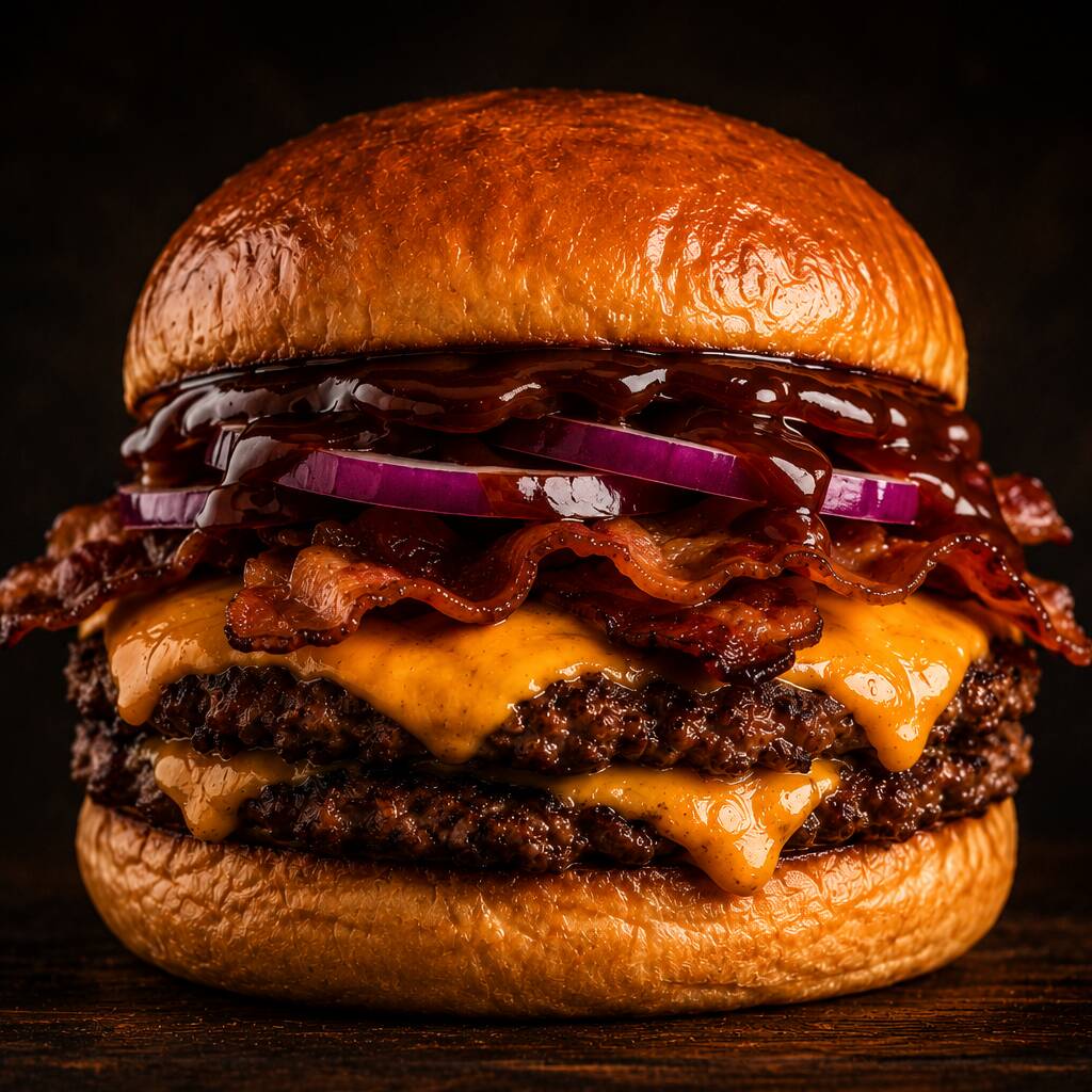 Dois blends smashados, cheddar fatiado, bacon crocante, cebola roxa e barbecue.