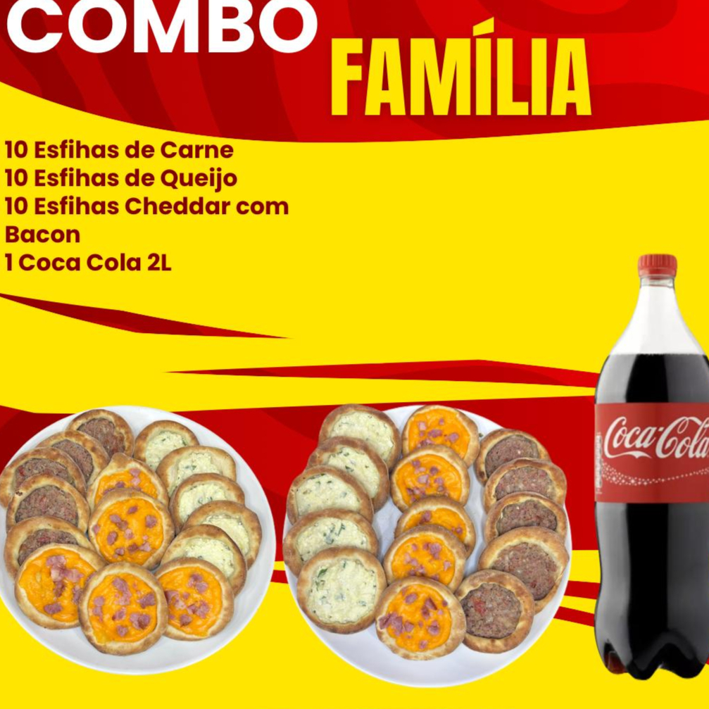 10 esfihas de carne, 10 esfihas de queijo minas, 10 esfihas de cheddar com bacon e 1 coca cola 2L