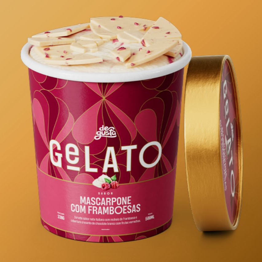 Sorvete sabor nata italiana com recheio de framboesa e cobertura crocante de chocolate branco com frutas vermelhas . Você merece vivenciar a experiência dos novos Gelatos Degusta.