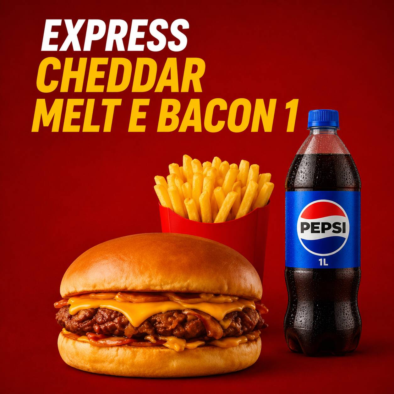 Pão Gergelim, Carne, cheddar melt e bacon + 1 batata cheddar e bacon + 1 Pepsi 1L
