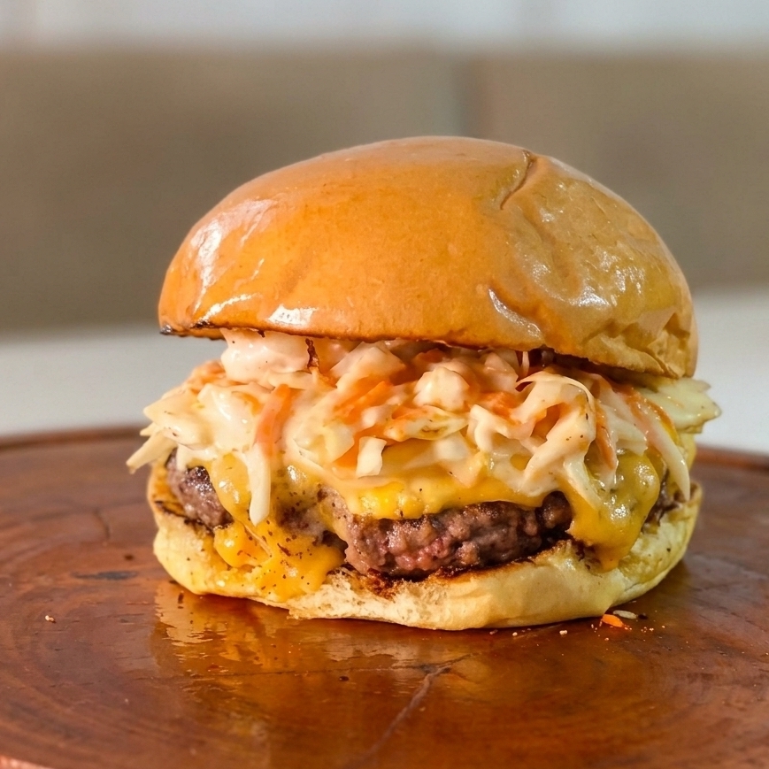 Burger artesanal com queijo derretido, salada coleslaw artesanal super cremosa e crocante, servido no pão brioche fofinho. Irresistível a cada mordida!