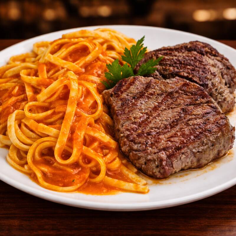 Fettuccine ao Sugo com Filé Mignon Massa fettuccine fresca envolvida em um molho sugo caseiro , acompanhada de filé mignon grelhado suculento e cheio de sabor . Um prato clássico, simples e irresistível, perfeito para quem ama massa com carne! Peça agora e saboreie essa combinação perfeita!