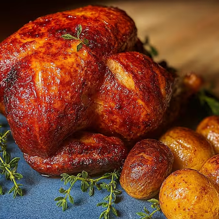 Temperado com segredo da casa, nosso frango é assado lentamente no fogo para garantir que fique macio por dentro e com a pele crocante por fora. Perfeito para o seu almoço.