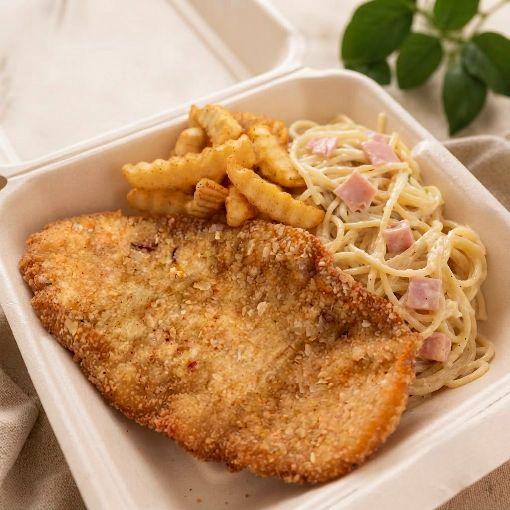 Milanesa de pollo con espagueti y papas