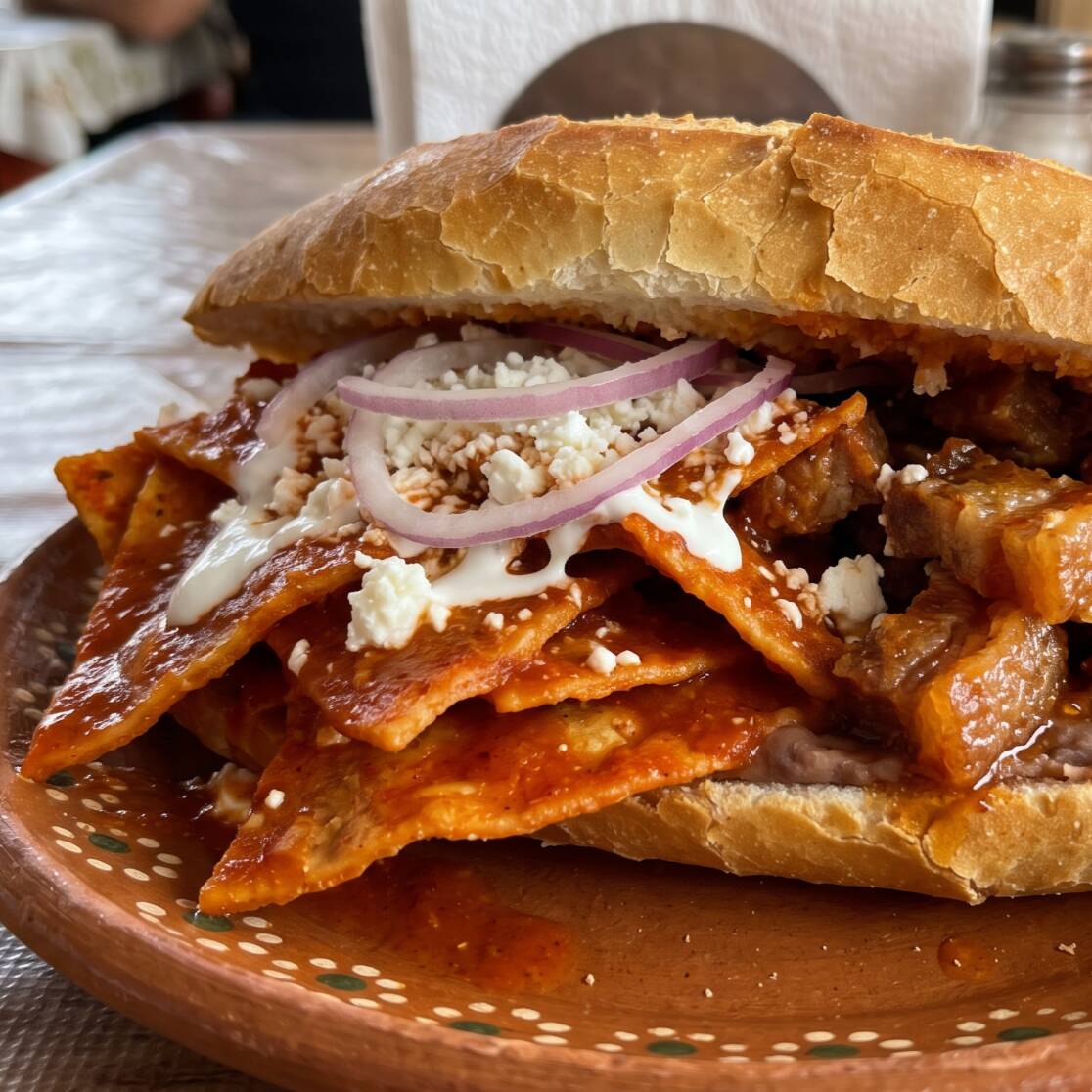 Lonche de Chilaquiles con Chicharrón