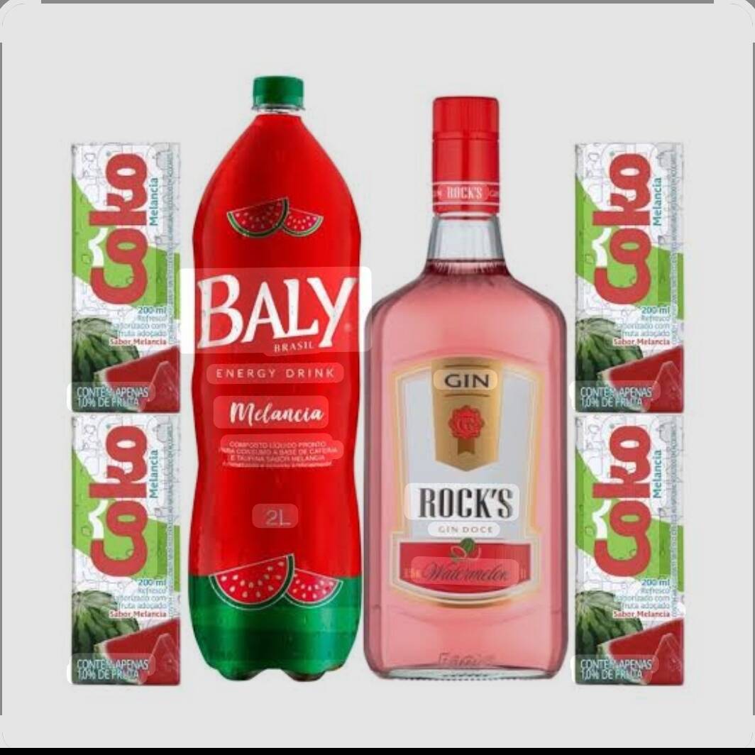 Garrafa de Gin Rocks Melancia 1L, Garrafa de Baly 2L, 4 Gelos, 4 Copos de 770ml