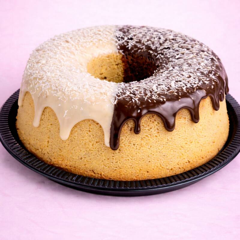 🍫🥛 Bolo Dois Amores Bolo caseiro de massa branca fofinha com cobertura metade Ninho e metade chocolate. A combinação perfeita dos dois sabores.