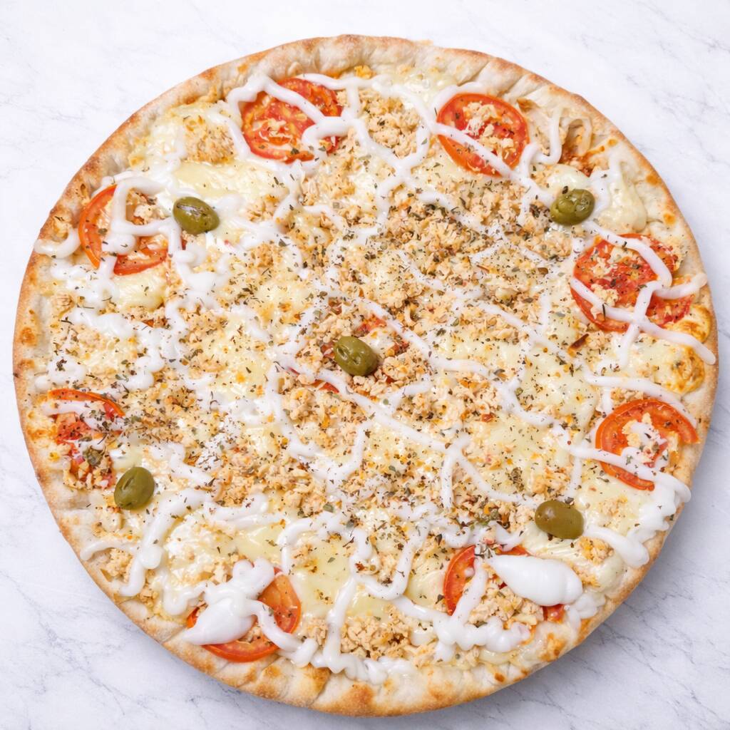 Pizza de frango desfiado bem temperado, coberta com catupiry cremoso, molho artesanal e queijo derretido