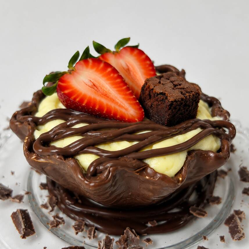 Recheada com brigadeiro de leite ninho com pedaços de brownie, Nutella e morango