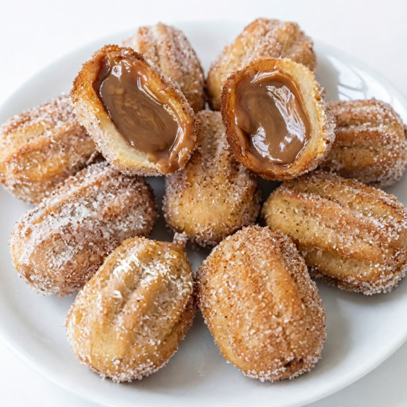 25 unidades. Os mini churros são sucesso em todas as ocasiões; com esta explosão de sabor você sempre irá encher seu coração de amor. Massa levemente açucarada, recheio de chocolate e empanadas no açúcar e canela.