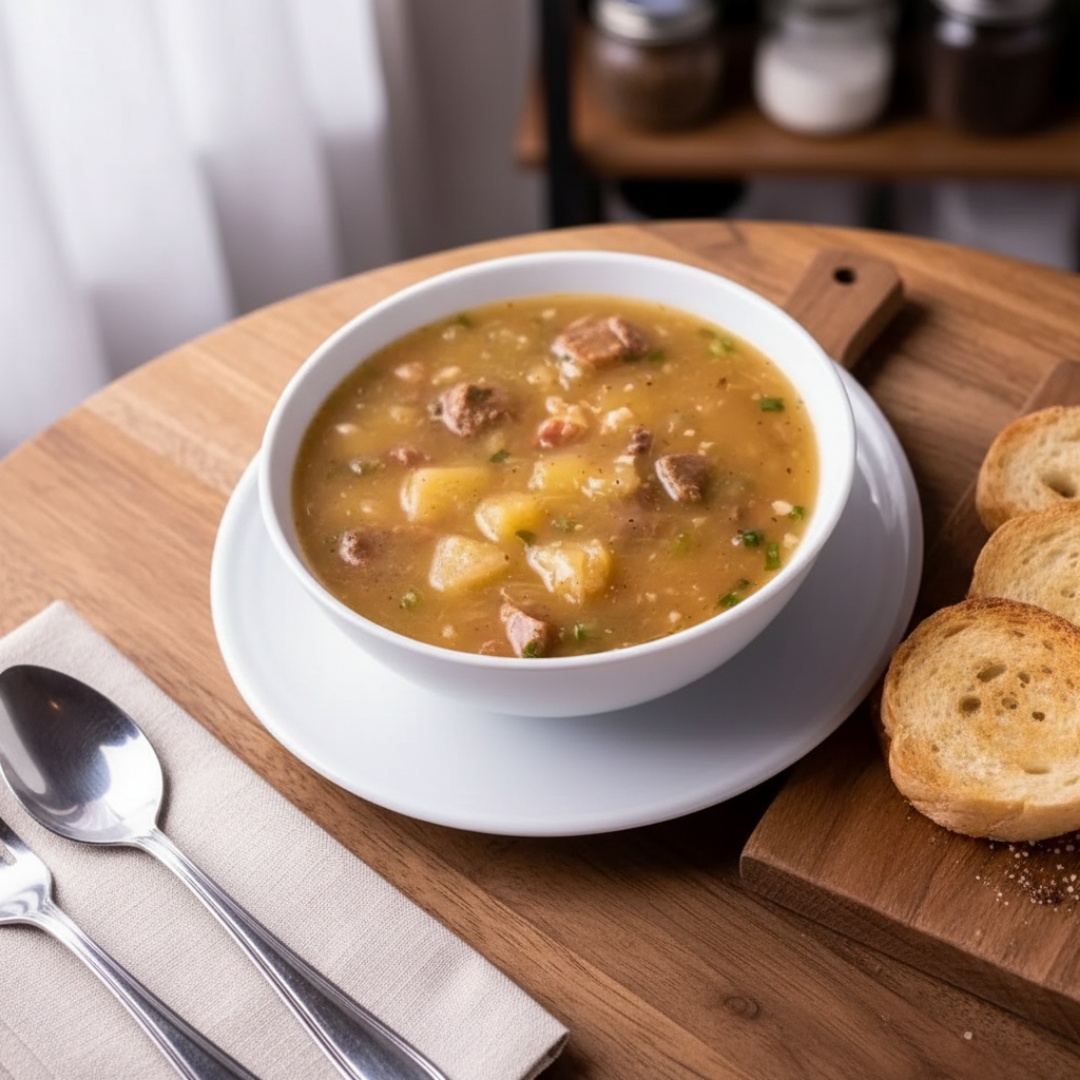 Sopa de aipim com carne bovina + acompanhamentos (biscuit e torradas da casa, salsinha fresca e queijo ralado)