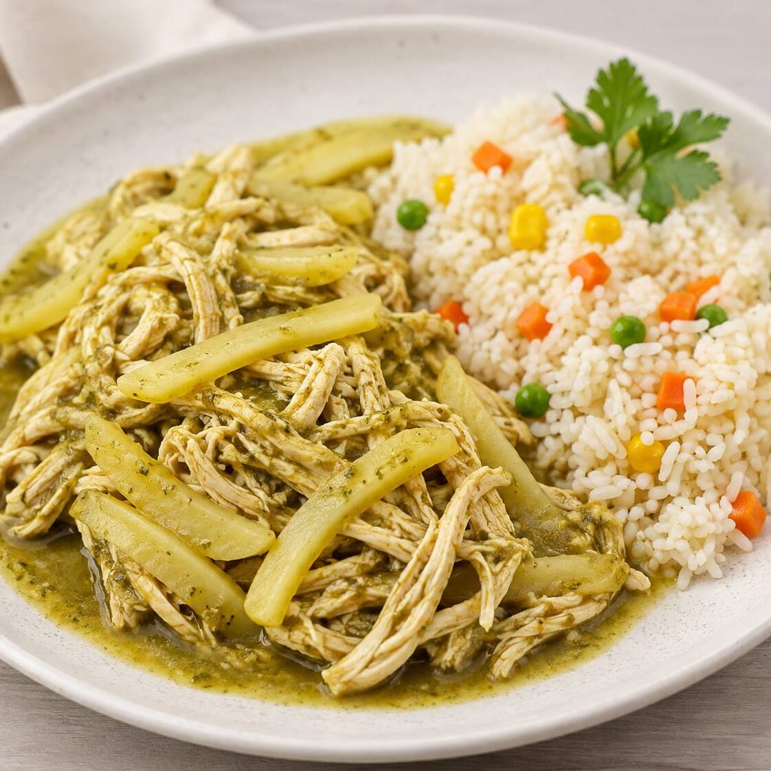 POLLO DESHEBRADO CON TIRAS DE PAPA EN VERDE