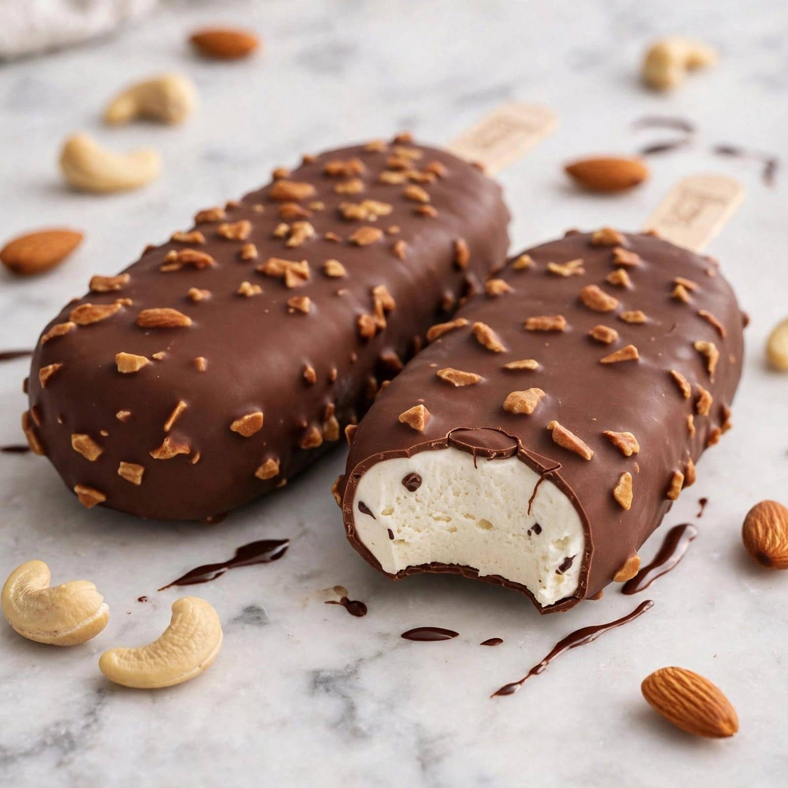 Baunilha com recheio de beijinho e com casquinha de chocolate ao leite.
Delicioso e sofisticado.