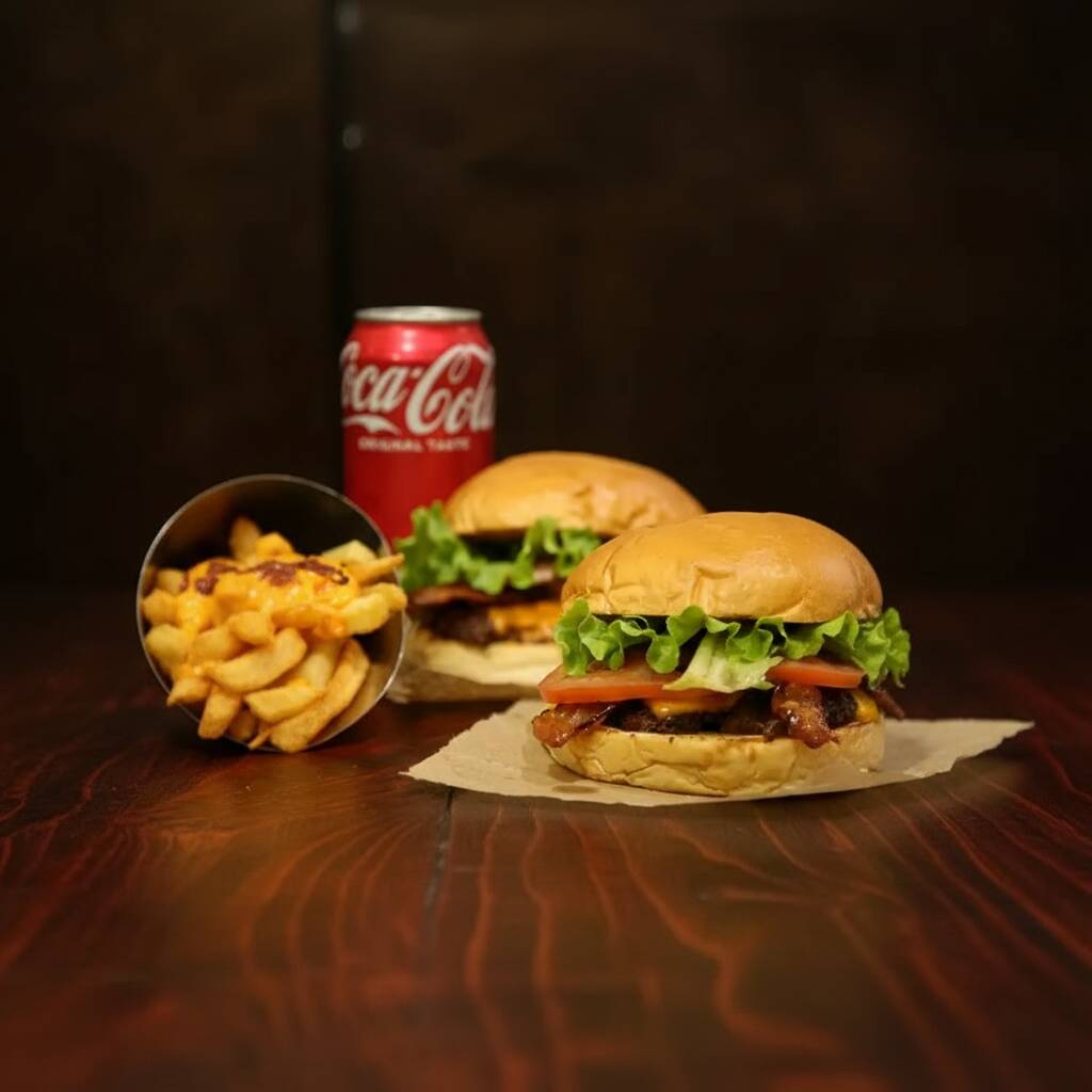 2 Smash De 100g, queijo cheddar, bacon e salada
1 batata c/ cheddar e bacon
2 refri lata/1 coca de 600ml