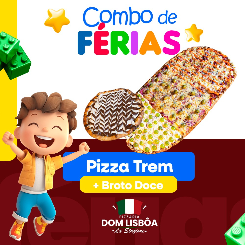 O "Combo Família" inclui a nova pizza trem de 27 fatias, perfeita para grandes grupos e famílias, você pode personalizar com até 3 sabores tradicionais à sua escolha. Acompanhada de um delicioso broto doce de dar água na boca. Aproveite!!!