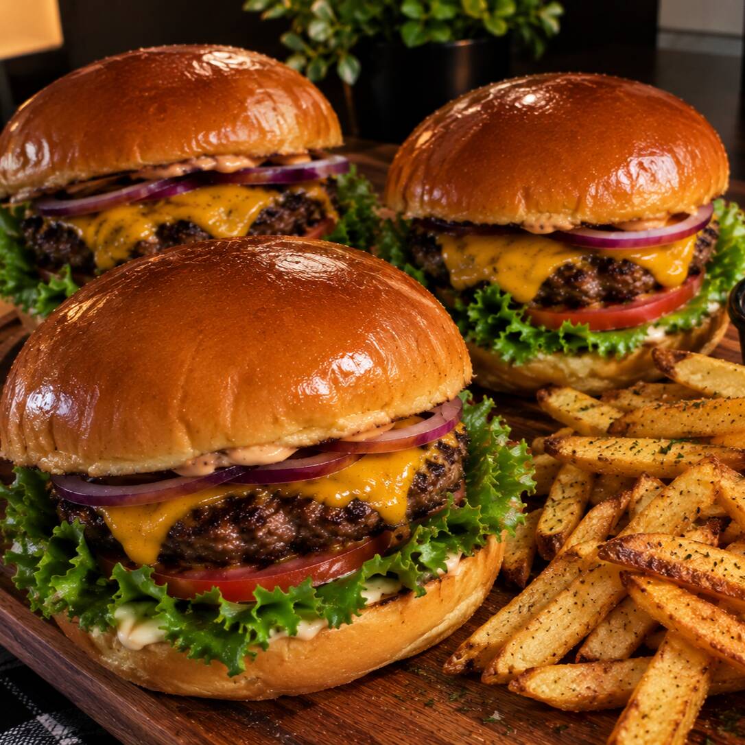 3 X-Burgers Artesanais maminha 80g + Porção de Batata Frita Grande. Pão brioche artesanal com, blend bovino artesanal 150g, mussarela cremoso derretido, alface americana, tomate e cebola roxa. Acompanha batata frita crocante de 300g.