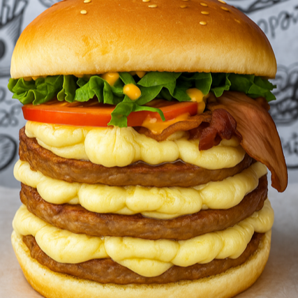 PÃO, 3 BURGER'S, TRIPLO CATUPIRY, FATIAS DE BACON, ALFACE, TOMATE E MOLHO