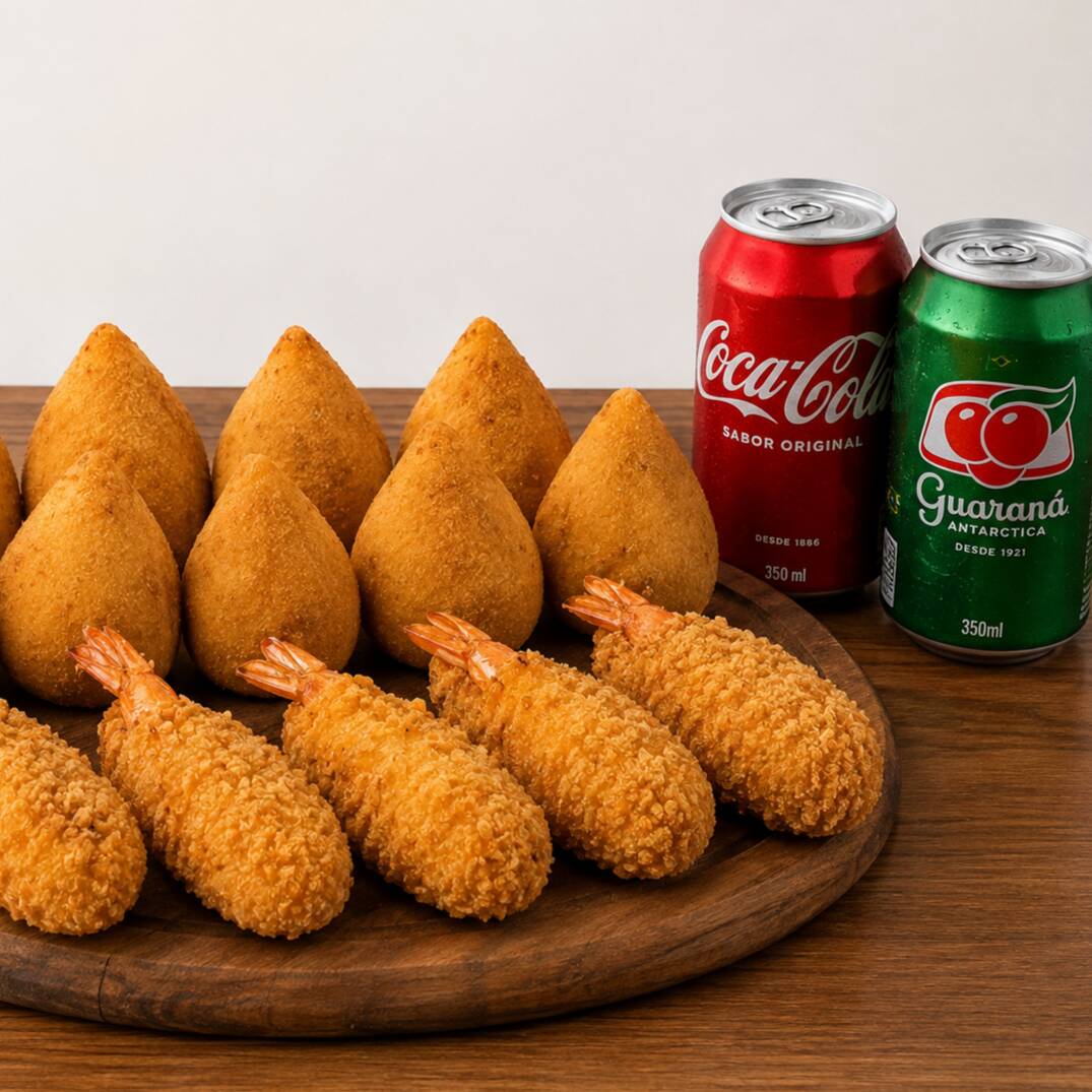 10 coxinhas
5 camarão empanado
2 refrigerante em lata