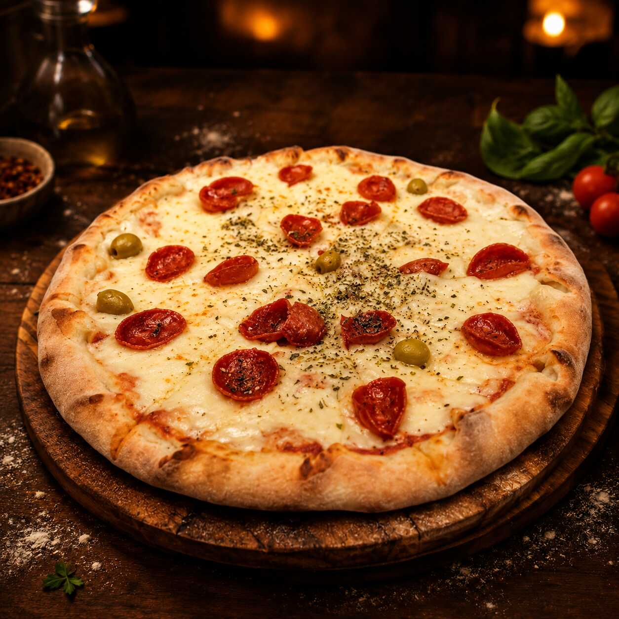 Massa artesanal da casa, molho de tomate, muito queijo mussarela derretido, Catupiry cremoso, pepperoni fatiado e azeitonas.