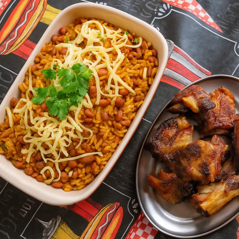 marmita de baião de dois grande a moda da casa(arroz, feijão de corda, queijo mussarela,,torresmo,carne seca desfiada e temperos do chef)acompanhado costelinha assada no forno!