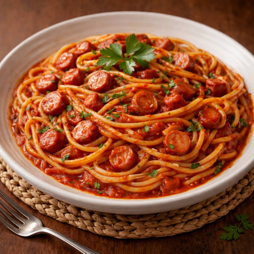 Espaguete Clássico do Chef Borjano Com Salsicha Sadia Premium e Da Casa. Um clássico da culinária brasileira, preparado com cuidado artesanal e ingredientes naturais selecionados. Macarrão espaguete da linha Premium, cozido no ponto ideal, soltinho, envolvido na manteiga e no molho de tomate Premium muito bem temperado à moda do chef, garantindo aroma equilibrado, sabor marcante e um toque caseiro cheio de memória. A salsicha Sadia Premium, cortada em rodelas uniformes, é dourada lentamente na manteiga até atingir o ponto perfeito, ficando levemente dourada e suculenta, liberando seu sabor característico e envolvendo o macarrão de forma uniforme. Um prato simples, honesto e cheio de personalidade — lembrando o macarrão da escola, da casa dos pais e dos avós, do jeito que só o Chef Borjano sabe fazer. Servido em marmita redonda de 700g, livre de Bpa. Crédito da Receita: Chef Borjano Oficial.