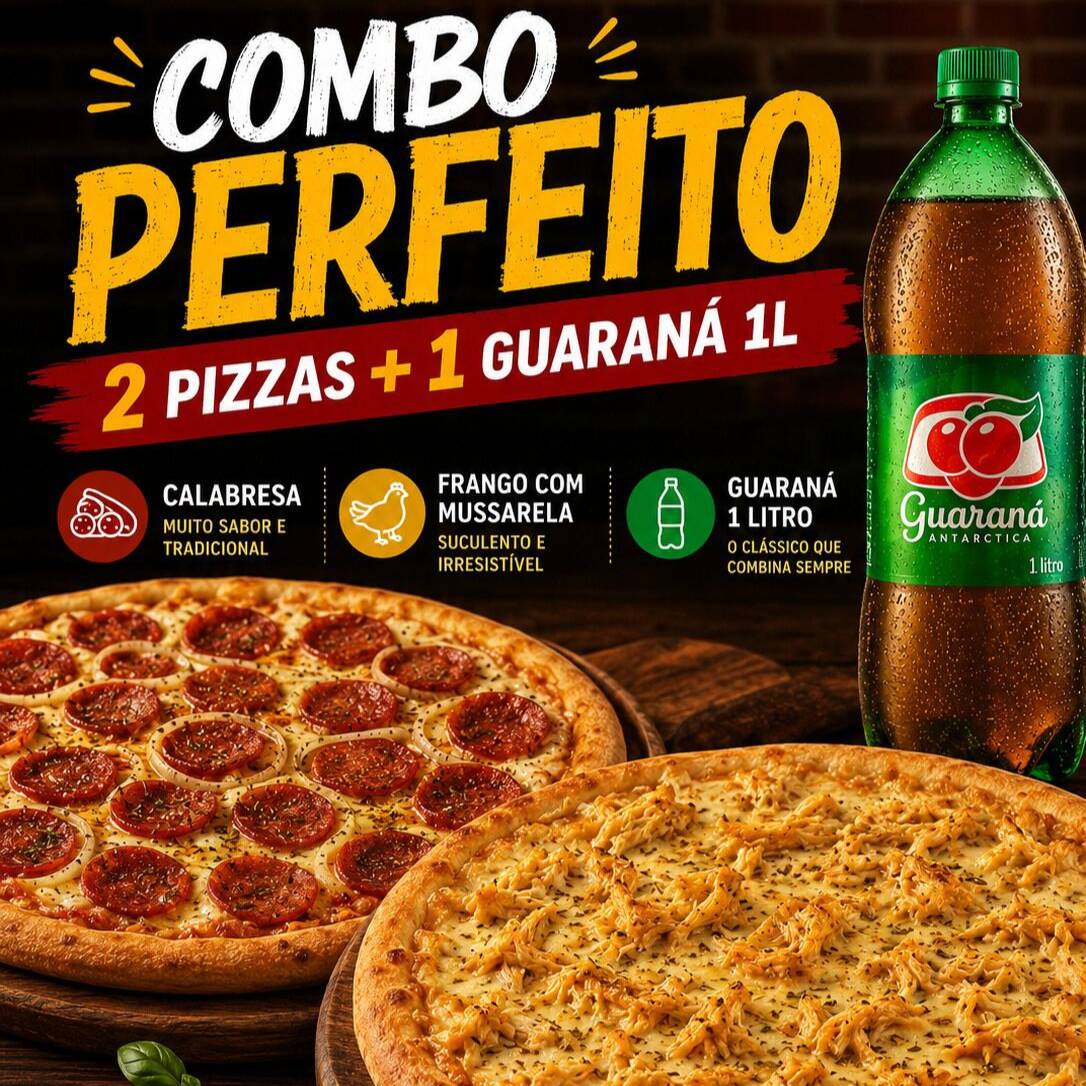 1 PIZZA DE CALABRESA GRANDE COM QUEIJO
1 PIZZA DE FRANGO COM QUEIJO
1 GUARANÁ 1L
SERVE ATÉ 8 PESSOAS
PIZZA DE MASSA FINA E BORDA ALTA.