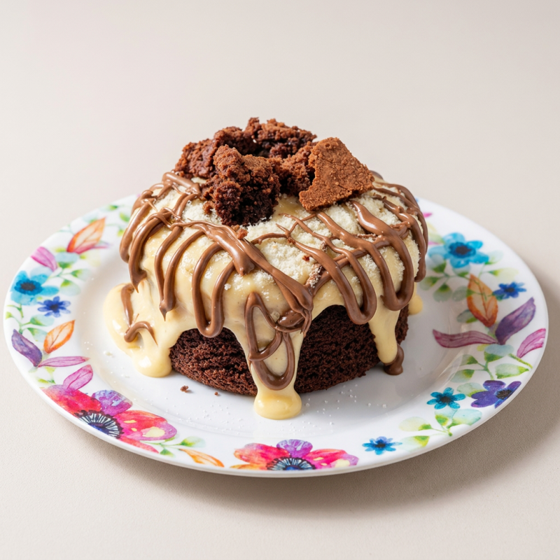 Peça já seu bolo de chocolate mega delicioso, molhadinho, recheado e coberto por uma calda de brigadeiro de Ninho cremoso e quentinho. (SERVE 1 PESSOA PESA 260 GRAMAS)