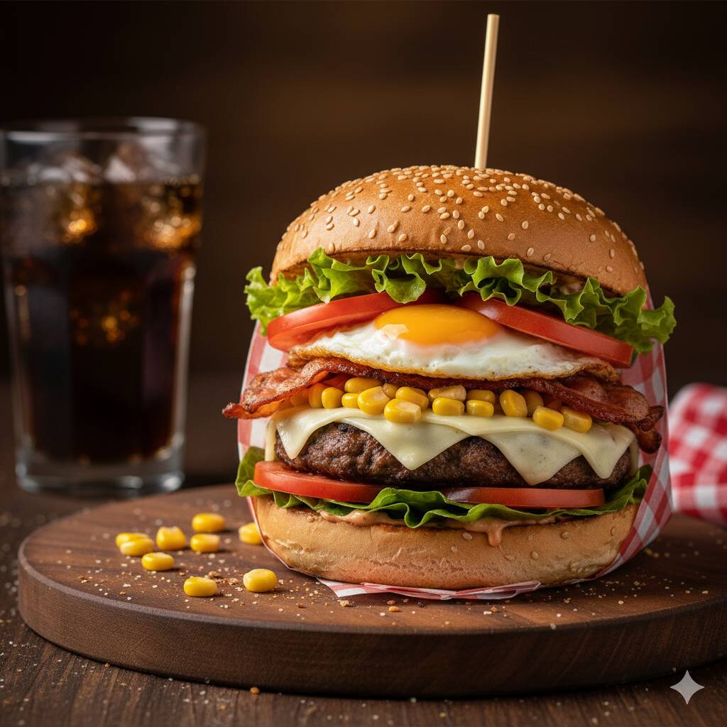 Pão, Hamburguer, Bacon, Ovo, Presunto, Mussarela, Milho, Tomate, Alface, Batata Palha