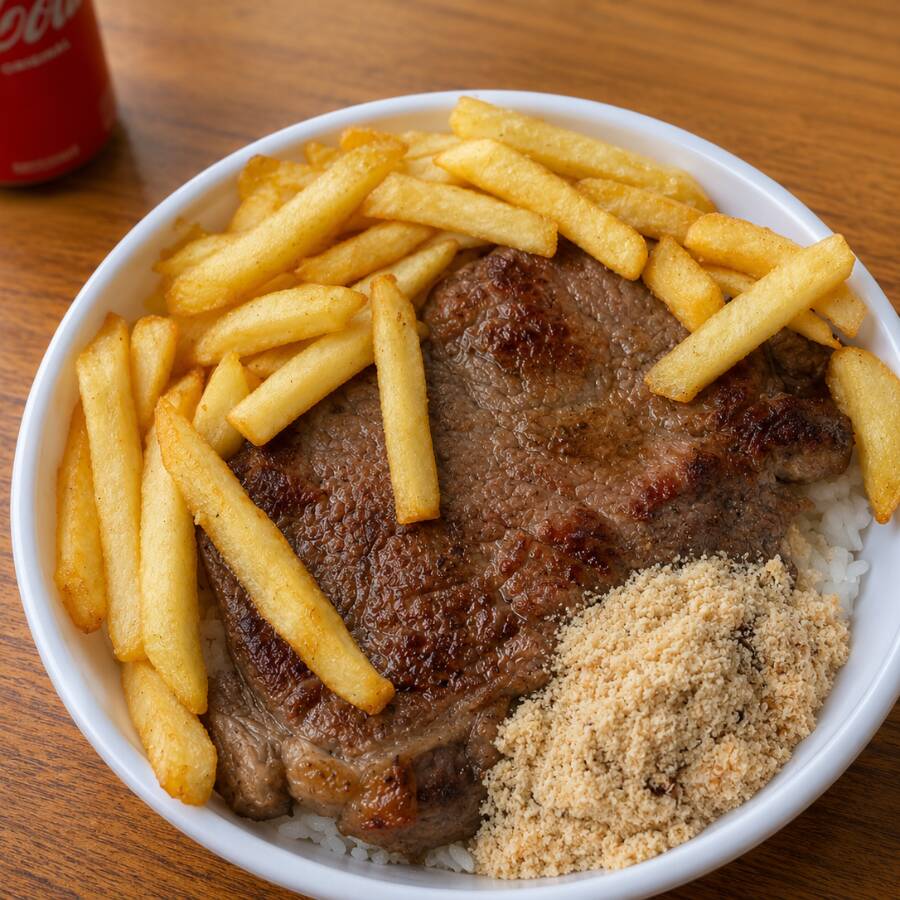 Bife de Alcatra Acebolado, você monta sua marmita escolhendo 4 guarnições: batata frita, arroz, feijão, macarrão, farofa ou salada de legumes. Marmitex caprichada, comida brasileira caseira de verdade, feita na hora pra matar sua fome. PF completo perfeito pro seu almoço bom e barato com entrega grátis!