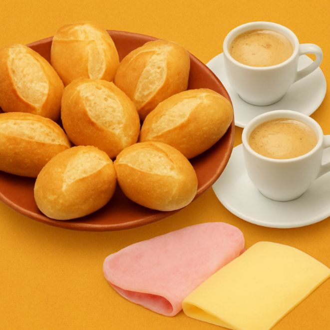 Perfeito para compartilhar! Acompanha 10 pães franceses fresquinhos, 100g de presunto e 100g de queijo. Ideal para café da manhã, lanche da tarde ou para reunir a família com praticidade e sabor.