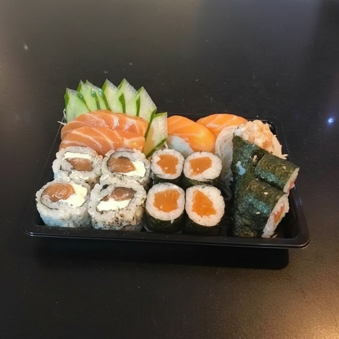 4 Uramaki Filadélfia 4 Hossomaki Salmão 2 Niguiri Salmão 2 Sashimi Salmão 2 Mini Temaki