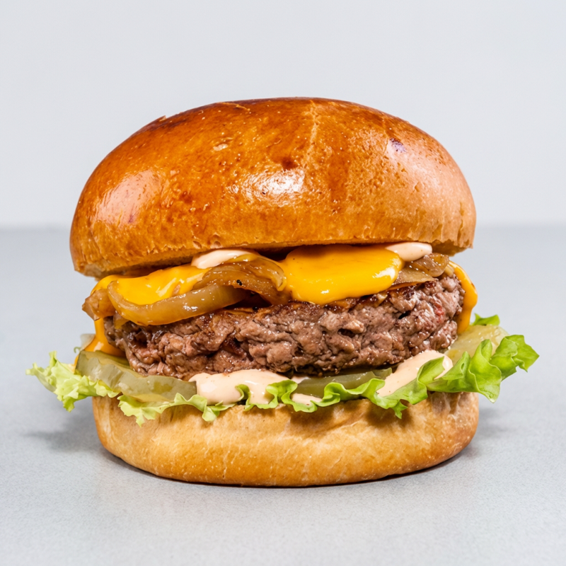 Pão brioche , 120gr de carne , Bacon , cebola no shoyo , molho e salada