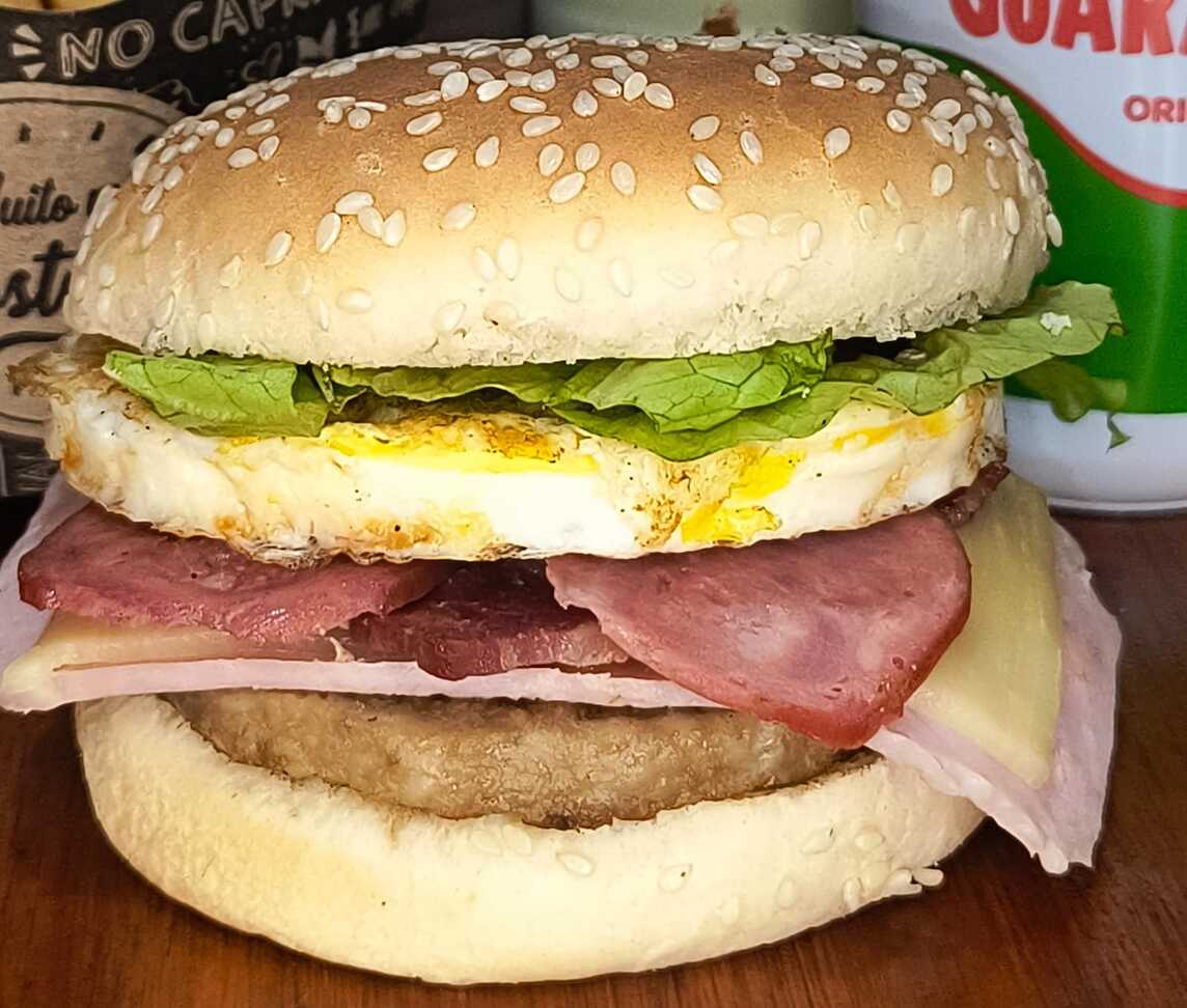 Pão , carne , queijo, presunto, calabresa, bacon , salada , ovo ,  batata palha , molho verde e  ketchup