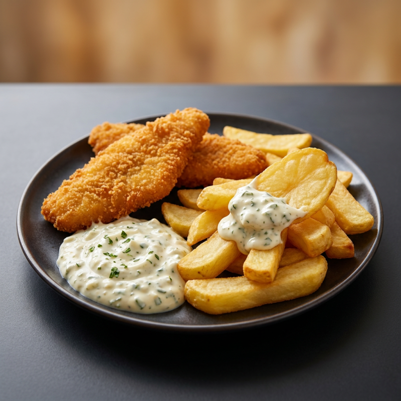 Tiras de tilápia empanadas na panko acompanhada de batata chips e molho tártaro