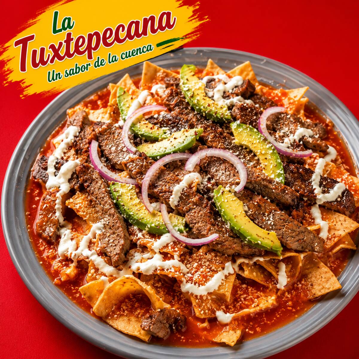 Chilaquiles rojos con carne asada