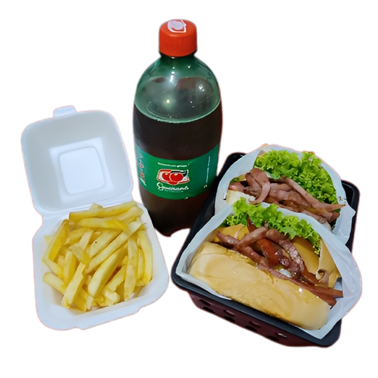 2 hambúrgueres especiais, 1 batata frita, 1 refrigerante de 1L