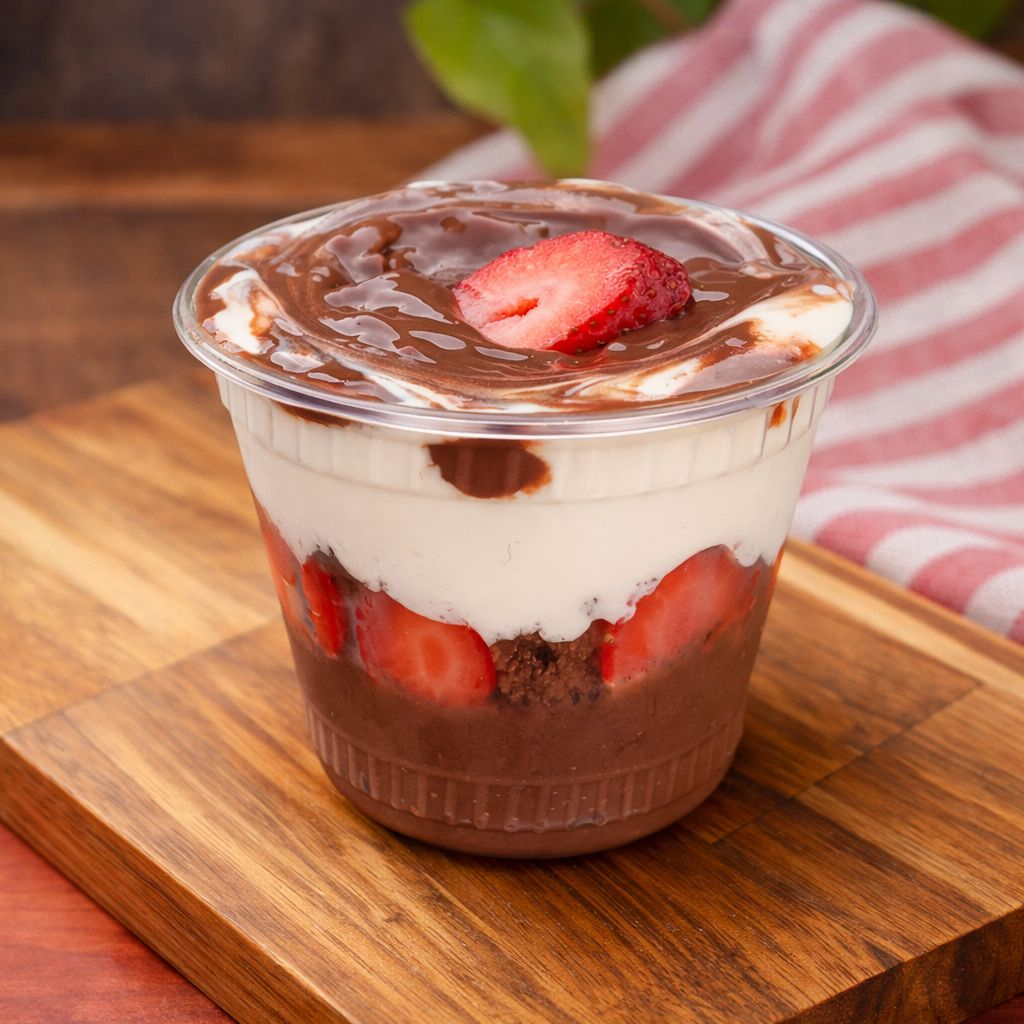 Uma camada de chocolate, morango fresco, camada de bolo copo de 250ml. Cacau 50%, creme de Ninho, finalizado com creme de chocolate. (Foto real do nosso produto) #promoção #entrega grátis # 99