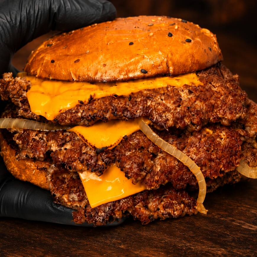 Pão brioche tostado, 3 carnes smash prensadas com cebola na chapa, cheddar derretido em camadas e molho especial. O burguer é feito no ato do pedido, chegando quentinho e saboroso!