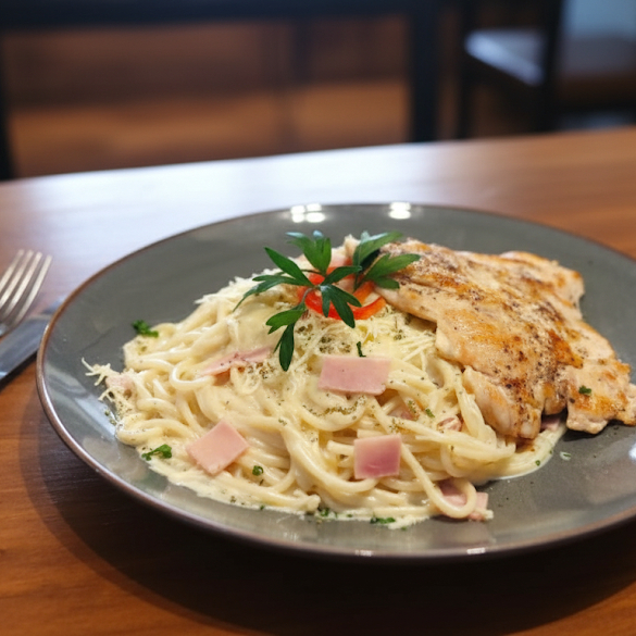 Tallarines al Alfredo con Pechuga a la Plancha