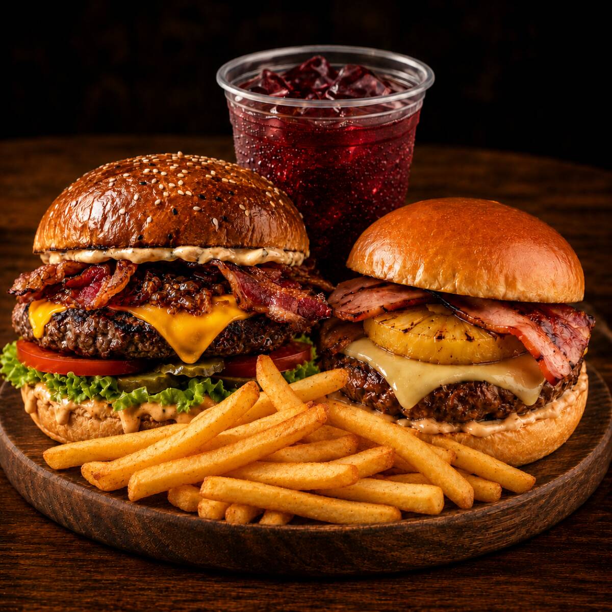Combo Doble Burger Americana y Hawaiana + Papas +